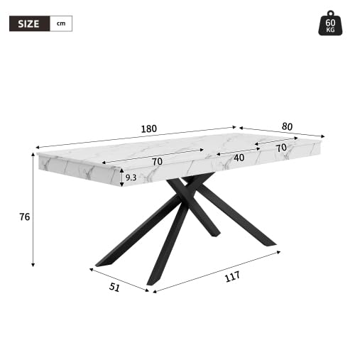 Merax Tavolo da pranzo allungabile 140-180 cm, tavolo da cucina per 6-8 persone, tavolo rettangolare con gambe in metallo e piano ispessito in bianco, per sala da pranzo, cucina e soggiorno