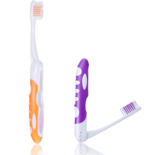 Juego de 2 cepillos de dientes de viaje, cepillo de dientes plegable suave, mini cepillos de dientes para viajes, camping, senderismo (naranja y morado)