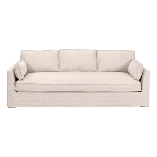 MAKLAINE Transitional Outdoor Slipcover Sofa, 90 in Wide, Beige Performance Fabric, Durable Marine-Grade Plywood and Accoya Wood Frame, Reversible Cushions, Bolster Pillows, Patio or Backyard Seating