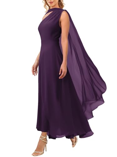 Image of Aisbei Women's Elegant One Shoulder A Line Flowy Maxi Dress Evening Gowns Party Formal Wedding Guest Dresses with Cape