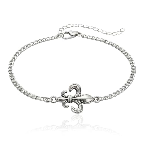 EnCharmed Stainless Steel Fleur De Lis Charm Bracelet, Handmade Adjustable French Monarch Jewelry
