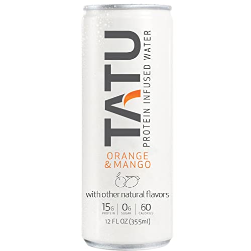 TATU Ready-To-Drink Protein Infused Water Orange Mango 24 Pack. 15 grams of whey protein isolate, 0 grams of sugar, only 60 calories. Lemon Ginger and Orange Mango. Gluten Free, lactose free.