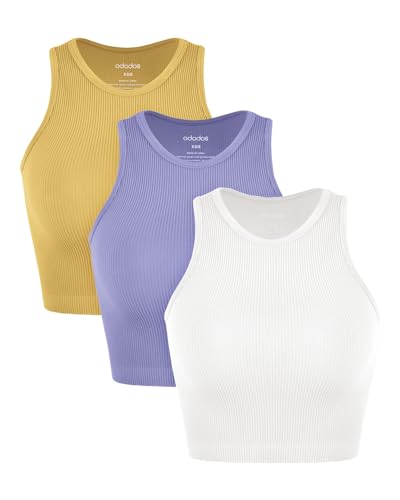 Image of ODODOS 3-Pack Seamless Crop Tank for Women Ribbed Soft High Neck Cropped Tops
