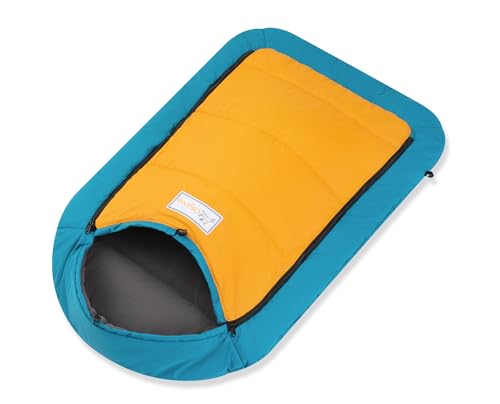 OllyDog Meeker Sleeping Bag, Water-Resistant, Warm, Packable Pet Bed Mat Storage Bag for Indoor and Outdoor Travel, Camping, Hiking, Backpacking (Blue/Mango)