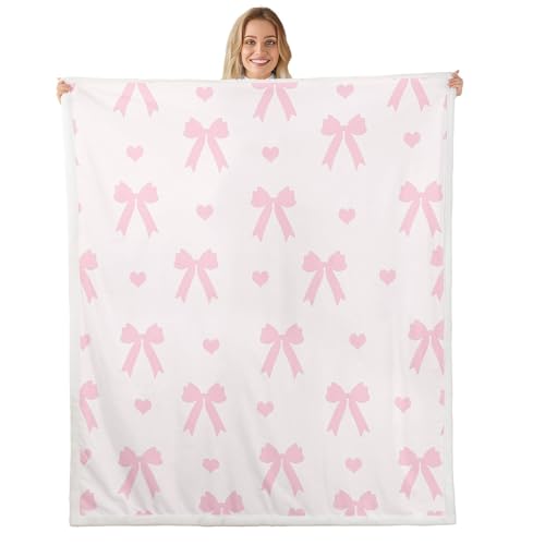 feelingyou Manta de franela con lazo rosa, estilo princesa, manta de forro polar con lazo de ensueño para decoración del hogar, sofá, bonitos corazones románticos para el día de San Valentín, 40 x 50