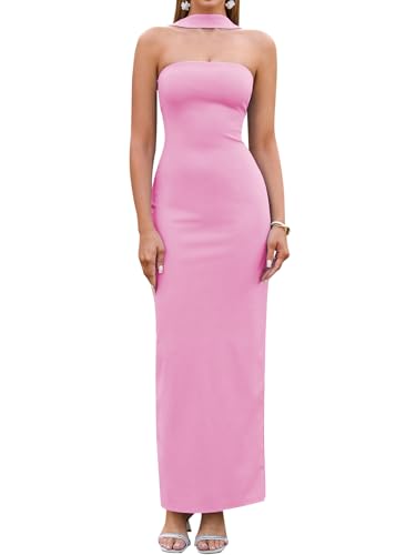 Image of HTZMO Women Elegant Summer Bodycon Maxi Dress Halter Neck Formal Wedding Guest Cocktail Party Long Dresses