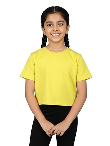 Image of KiddoPanti Girls 100% Cotton Solid Drop Shoulder Half Sleeve Round Neck Crop Tee
