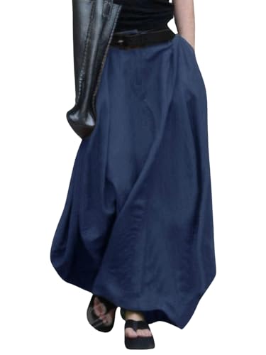 ebossy Women's Casual Baggy High Rise Linen Skirt Half-Elastic Waist Pockets A-Line Maxi Skirts