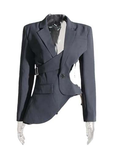 Women's Hollow Backless Blazer Notched Collar Patchwork Button Irregular Blazer