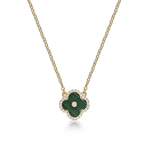 Lavari Jewelers Malachite, Black Onyx or Mother of Pearl and Cubic Zirconia Flower Pendant Necklace for Women in 925 Sterling Silver with Gold Plating on 16 to 18 Inch Adjustable Chain Spring Ring