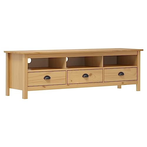 Teenpull Meuble TV Hill Range Marron Miel en Bois de pin Massif 158x40x47 cm avec 3 étagères et 3 tiroirs pour Salon et Chambre, Meuble TV Console Robuste et...