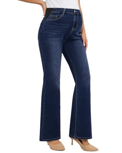 Image of PACBREEZE Women's Maternity Flare Jeans Mid-Rise Stretchy Bell Bootcut Jeans Denim Pregnancy Pants, S-XXL
