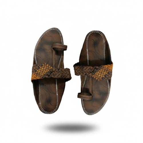 Image of Men's Brown Kolhapuri Chappal - Genuine Leather Ethnic Slippers for Men | Traditional Gents Chappal | Original Leather Slippers for Men
