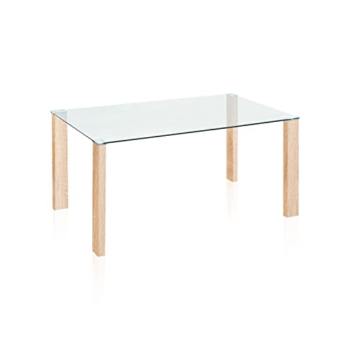 duehome | Mesa de Comedor Fija, Mesa Salon o Cocina, Modelo Valya, Acabado en Cambria y Cristal Templado, Medidas: 150 cm (Largo) x 90 cm (Ancho) x 75 cm (Alto)