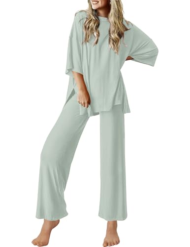 Image of Ekouaer Lounge Sets for Women Short Sleeve Tops and Long Pants Soft Comfy Pajamas Set 2 Piece Outfits