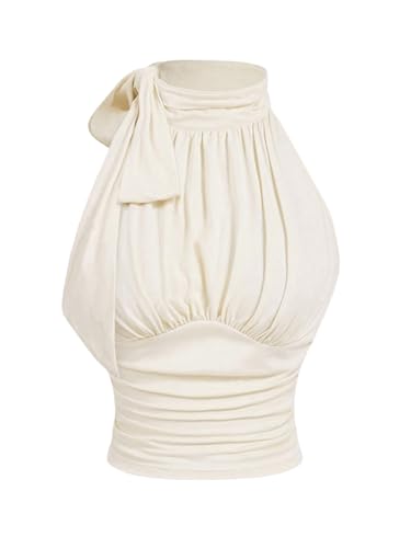 Floerns Women's Sleeveless Halter Tops Ruched Tie Front Elegant Crop Tank Top