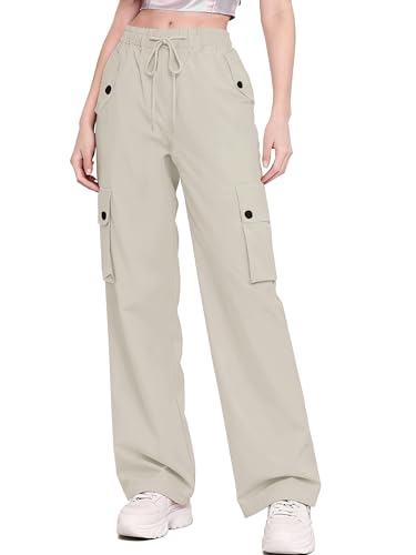 Image of Betusline Girls & Women's High Waist Wide Leg Cargo Pants Y2K Parachute Pants with Pockets and Drawstring 6 Years-Women 2XL