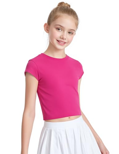 Image of Auranso Girls Crop Tops Kids Short Sleeve T-Shirts Basic Summer Tee Top