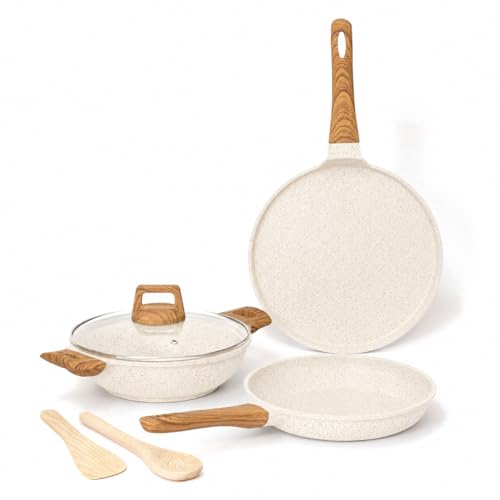 Image of Kreme CeraStone Ultra Granite Nonstick Cookware Set 6 Pieces, Kadai 2.5L, Frying Pan 1.7L, 28cm Flat Tawa, Glass Lid, 2 Cooking Spoons, Made in India, Induction Compatible, PFOA Free, Ivory