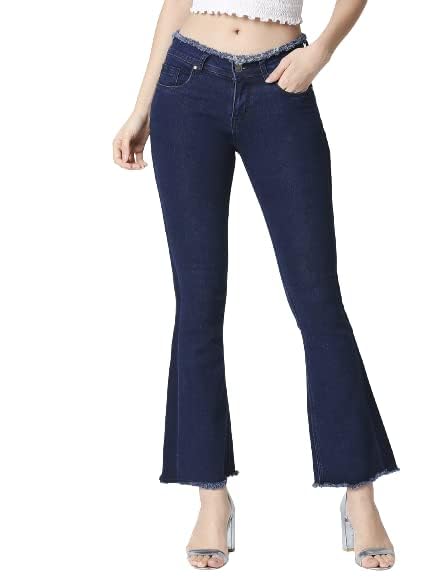 Image of HIGH Star Women Blue Bootcut Frayed Hems Stretchable Jeans
