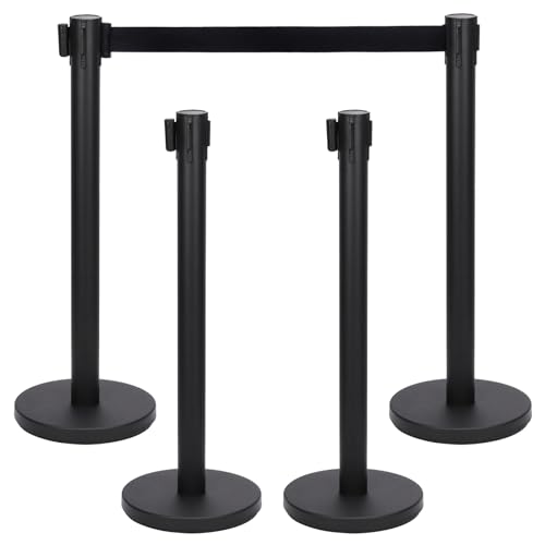 Keadic Absperrbänder Personenleitsystem 4 Ständer,Airport Absperrständer,Absperrpfosten Abgrenzungspfosten, Absperrständer mit 2 M Länge Gürtel für Airport Flughafen, Ständer Stahl und Eisen, Schwarz