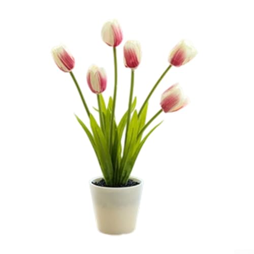 Honseadek Plantas artificiales vibrantes de tulipán en maceta para decoración del hogar, bodas y fiestas con material de flores de seda y diseño elegante (blanco y rosa)