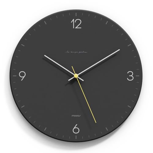 Image of mooas Flatwood Wall Clock,12 inch Non-Ticking Sweep Movement (Simple Black) | Decorative Battery Operated Wall Clock for Home Living Room Kitchen Bedroom Office School