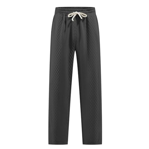 Men's Solid Jacquard Knit Pants Relaxed Fit Straight Leg Trousers Drawstring Sweatpant Casual Open Bottom Lounge Pant