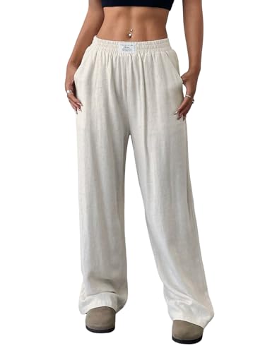 Floerns Women's Linen Wide Leg Pants Elastic Waist Casual Loose Long Trousers with Pockets