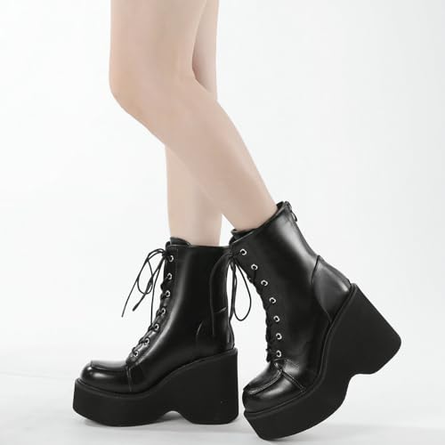 Image of Parisuit Womens Goth Patent Ankle Boots Platform Chunky Combat Boots | Lace Up, Gothic Boots, High Heel, Punk Short Booties, Buckle Boots, Chain Boots