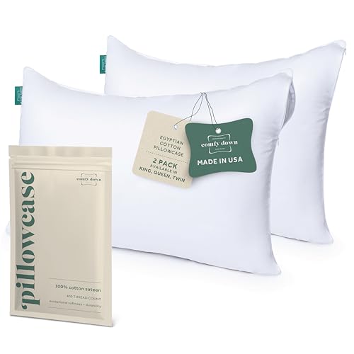 Image of ComfyDown Pillowcase for King Size Pillow - 2 Pack - Breathable, 100% Cotton, 400-Thread Count, Zipper Closure - Made in USA (King)