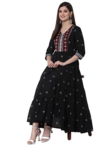 Image of Rangavali Black Tiered Dress for Women | Western A-Line Embroidery Maxi Long Dresses for Womens | Mangalgiri Cotton 3 /4 Sleeves 1 Piece Dress for Ladies | All