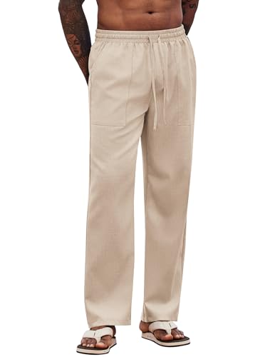 COOFANDY Pantalones Hombre Casual Pantalones Verano Pantalón Lino Bolsillos Laterales Pantalón Yoga Caqui Claro L