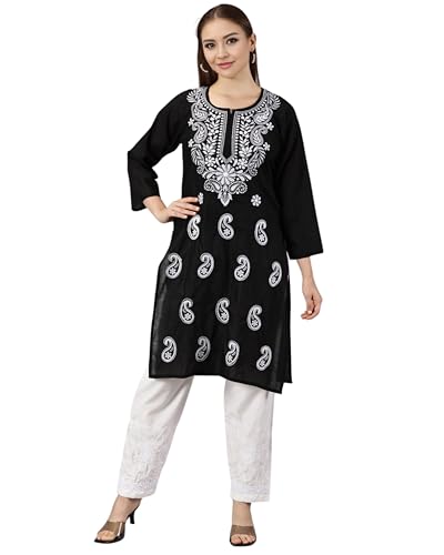 FCH, Fashionable Chikan Handikraft Women's Cotton Chikankari Embroidered Kurti, Traditional Maternity Kurta (US, Alpha, Large, Regular, Regular, Black)