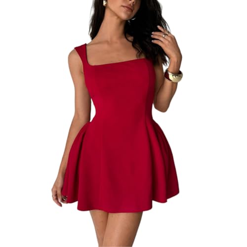 AOWVUTS Kleid Damen Sexy Hohe Taille Partykleid Kurzes Tank Kleider Elegant Eng A-Linie Mini Kleid Ärmellos Quadratischer Ausschnitt Cocktailkleid...