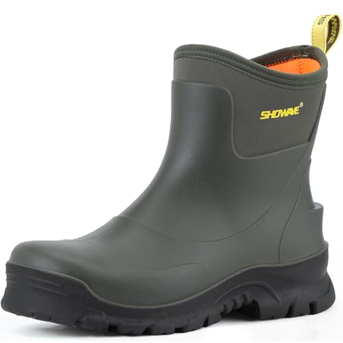 Showave Men's Short Rubber Rain Boots Waterproof Mud Booties for Outdoor Working Insulation Garden Farm Boot Lightweight Slip-on Rain Footwear, Size 12 Army Green