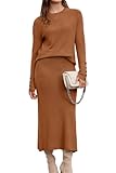 Arach&Cloz Women's 2 Piece Skirts Sets 2026 Spring Outfits Business Work Knit Sweater Long Sleeve Top Midi Skirts Matching Set Formal Elegant Winter Clothes (Caramel L)