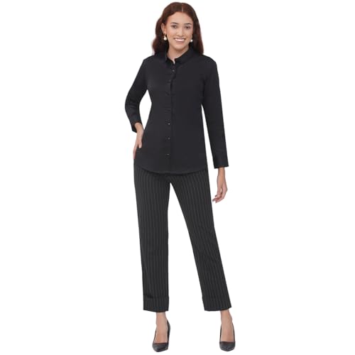 Image of Women's Cotton Solid Long Sleeve Shirt - Formal & Casual Button-Down Long Sleeve Collared Top for Office, Workwear 100% Soft Breathable Cotton Fabric