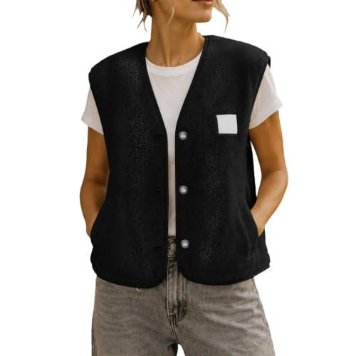 Womens Sherpa Fleece Vest V Neck Button Front Pockets Casual Fall Layering - image 1