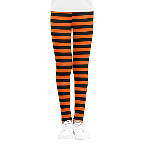 Girl 's Halloween Leggings Holiday Stretchy Full Ankle Length Stripe and Black Tights Orange Stripe Long Yoga Pants Trousers for Little Girls (Orange Black, 6-8T)