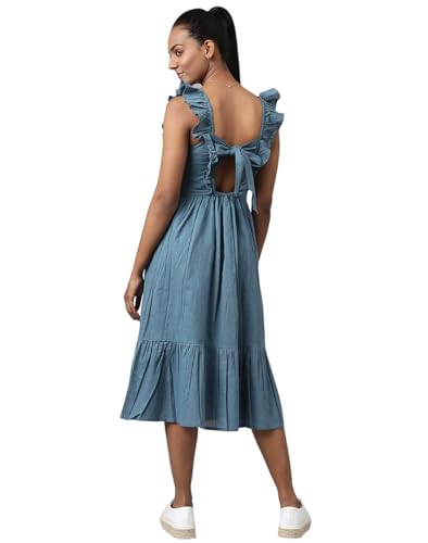 Image of Fabindia Women Back Tie Up Dress Cotton Teal