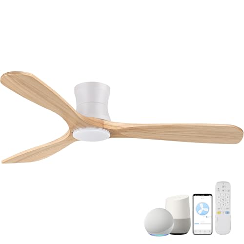 Hoenofly Smart 52” Wood Flush Mount Ceiling Fans with Lights and Remote,Quiet DC Motor,Outdoor...