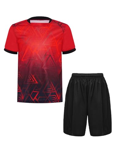 JIZYO Kinder Jungen Set Trainingsanzug 2-Teilig Sportbekleidung Kurze Hose and T-Shirt Sportanzug Jogginganzug Fußballuniform Sommer E Rot Schwarz 158-164