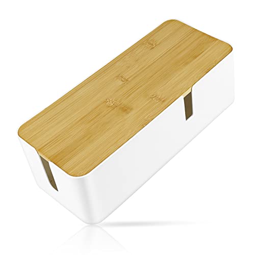 Firschoie Kabelmanagementbox, 30x12x11.5cm, Aufbewahrungsbox für Kabel mit Bambusdeckel, Aufbewahrungsbox zum Verstecken von Kabeln, für Organisieren und Aufbewahren, Weiss