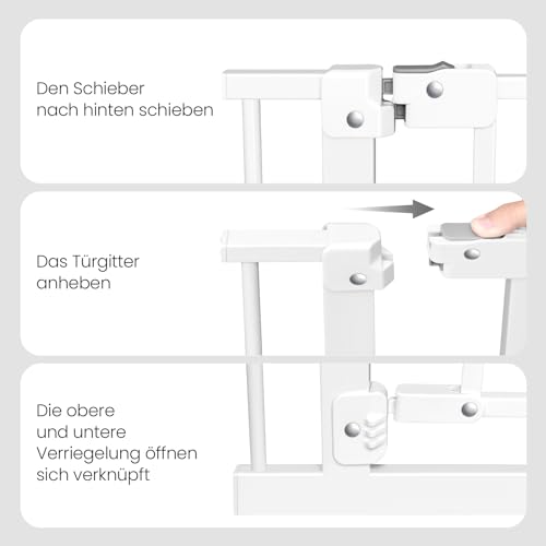 WOLTU Treppenschutzgitter 75–87 cm, Türschutzgitter aus Metall, mit/ohne Bohren, Auto-Close, 90°-Stopp, beidseitig schwenkbar, 2 Riegel, einhändig zu öffnen,Weiß