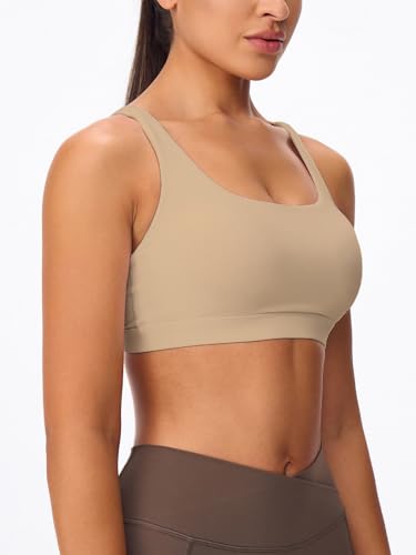Image of Women's Strappy Sports Bras Light Compression Crop Criss Cross Back Padded Workout Yoga Bra Supportive U Neckline