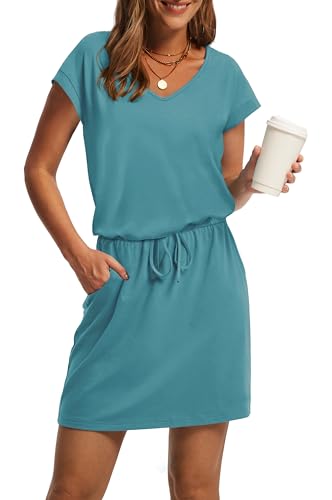 Image of OFEEFAN Summer Dresses for Women 2026 V Neck T Shirt Casual Mini Dresses Tie Waist Sundresses with Pockets