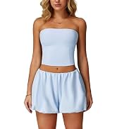 ABOCIW Womens Summer 2 Piece Outfits Y2k Crop Tube Tops Built in Bra Bubble Shorts Workout Sets T...