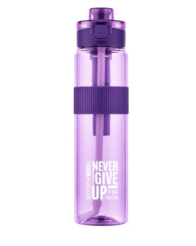 Image of Motivational Sports Water Bottle 1000ml BPA-Free Plastic Bottle with Flip Lid & Straw Reusable Leakproof Drinking Bottle for Gym, School, Office, Home & Outdoor Activities (black, pack of 1) (purple)
