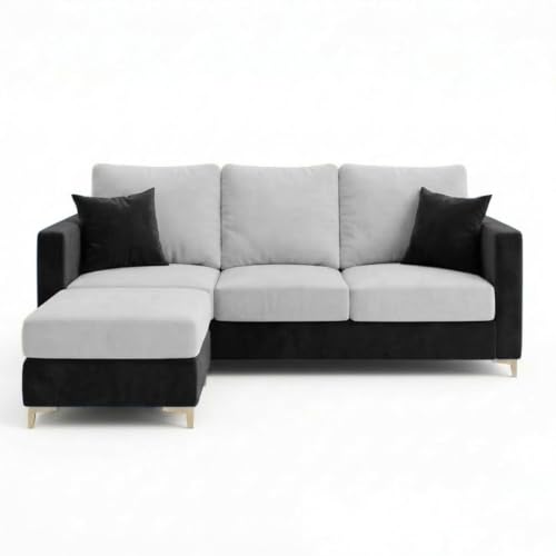 Image of Hayes Rich 4 Seater L Shape Sofa Set with Movable Ottomans | Flexible Layout | Velvet Suede Fabric | Golden Aesthetic Legs | Dual Tone Modern Sofa for Living Room (Black-Light Grey)